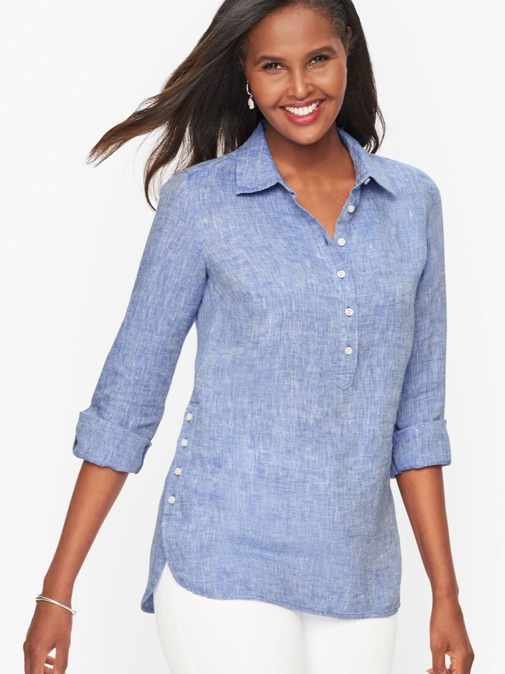 Talbots Blue Linen Popover Tunic Blouse Roll Tab Sleeve Side Button Large